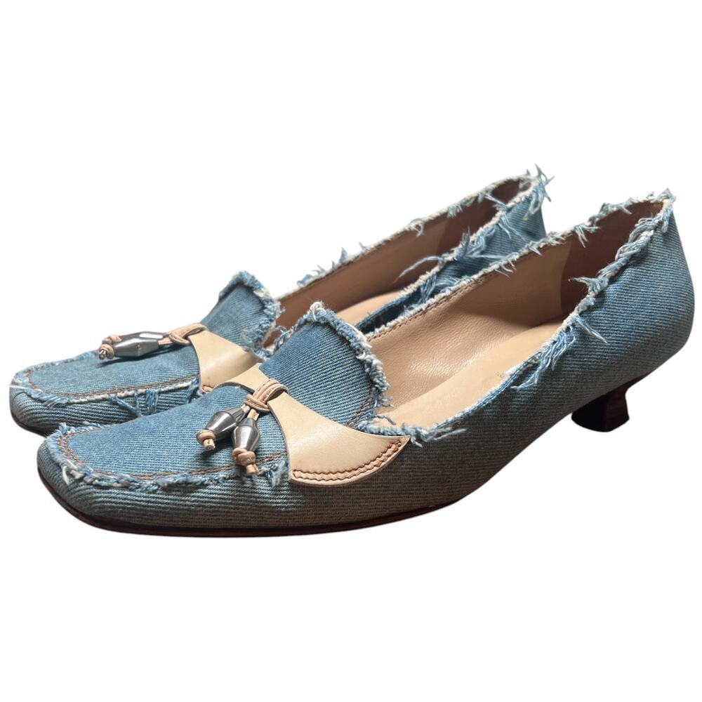 SEBASTIAN Milano Women's 39.5/US 9-9.5 Blue Jean Kitten Heels Denim Shoes Italy - Picture 4 of 13